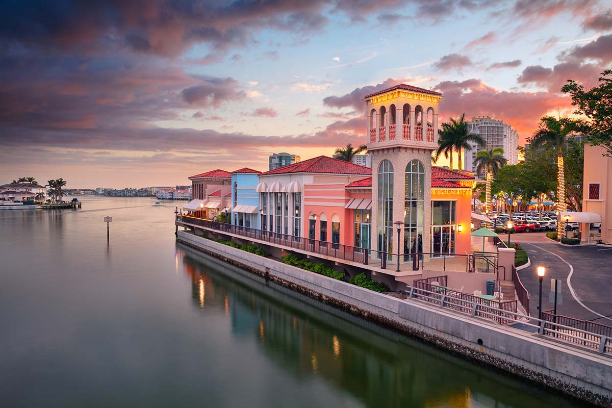Waterfront buildings at dusk