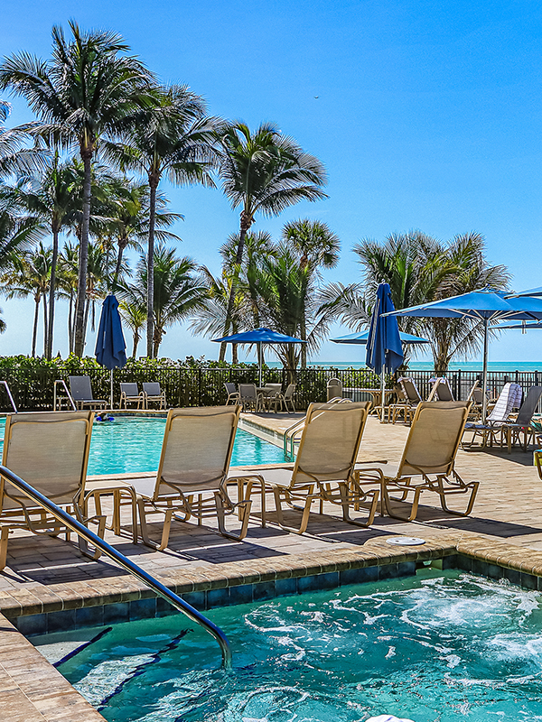 spa and pool with palm trees in the background