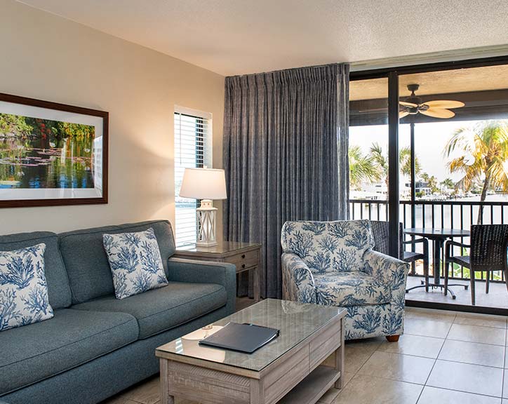 bayside living room with private balcony